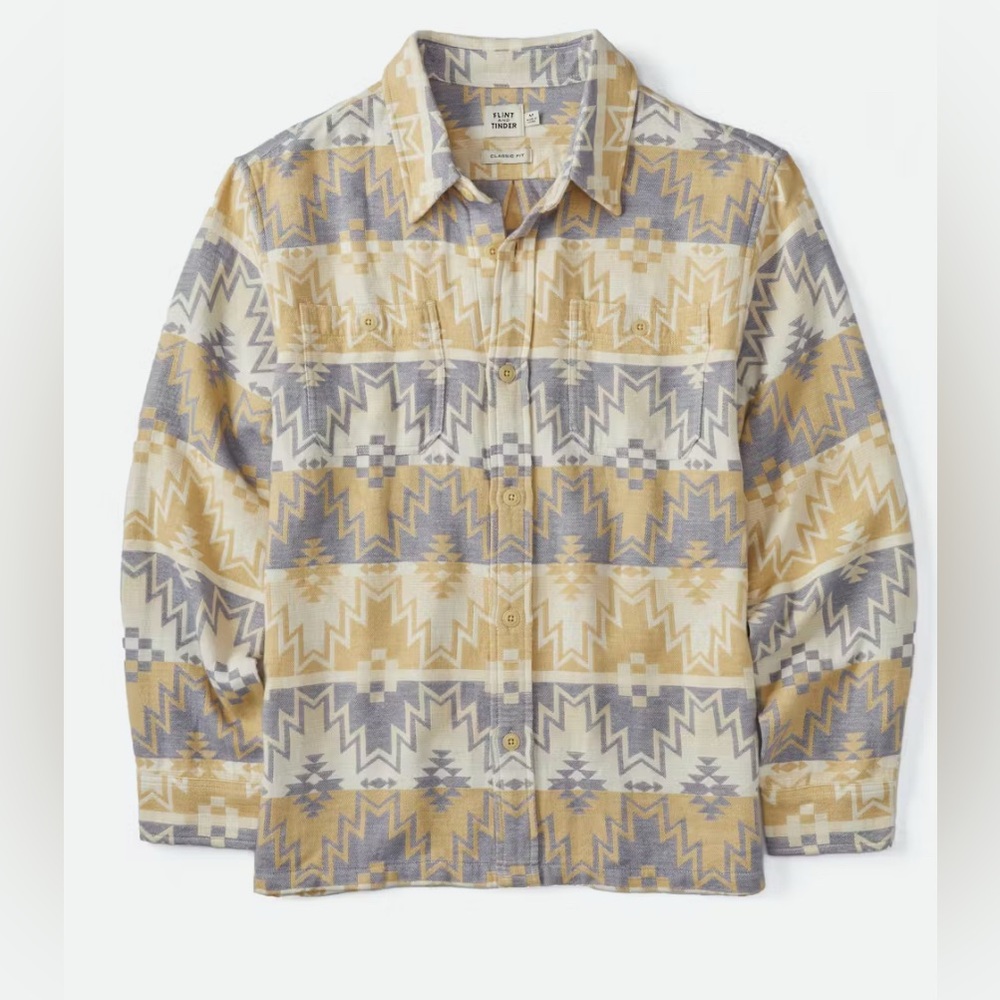 Flint & Tinder: Southwestern Flannel Shirt Jacket Color: Beige/Dusty Blue
Size:M